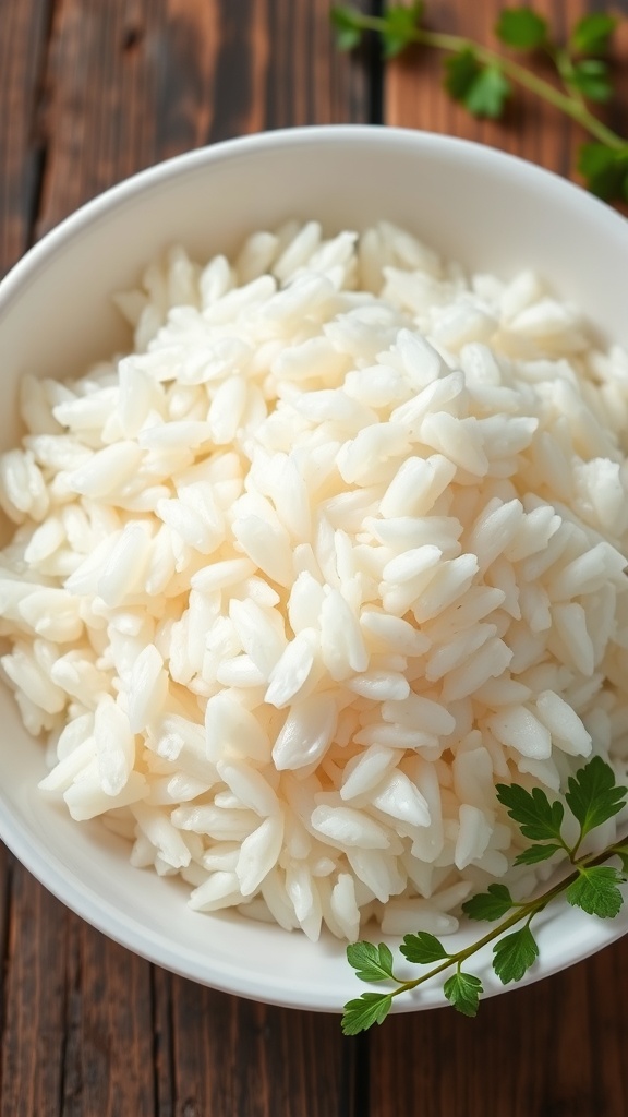 A bowl of fluffy white rice with separate grains, garnished with herbs, on a rustic wooden table.